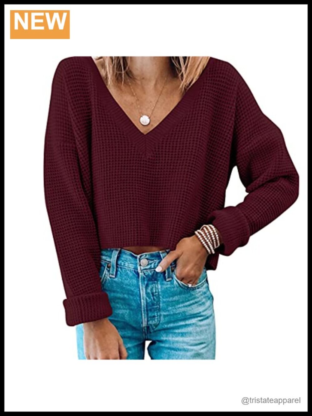 Waffle Knit Cropped Sweater V Neck Long Sleeve Pullover Top